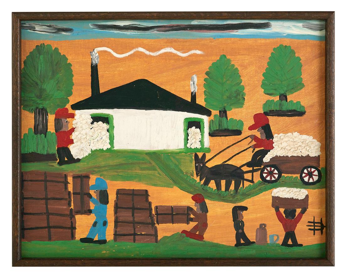 Clementine Hunter (US/Louisiana, 1886/87-1988): Clementine Hunter (American/Louisiana, 1886/87-1988) "The Cotton Gin" oil on board monogrammed lower right. Framed. 22" x 28", framed 23" x 29"