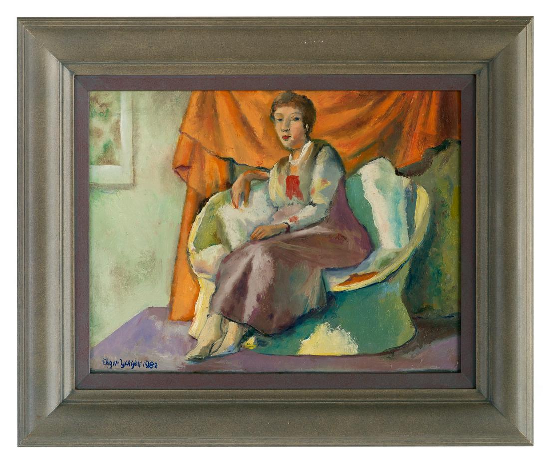 Edgar Yaeger (American, 1904-1997): Edgar Yaeger (American, 1904-1997) "Seated Woman", 1982 oil on canvas signed and dated lower left. Framed. 14-1/4" x 18-1/4", framed 20-1/2" x 24-1/2"