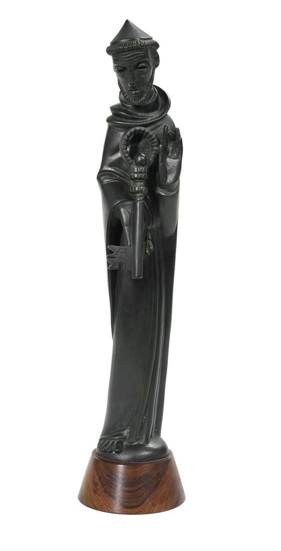 Jean Lambert-Rucki (Polish/France, 1888-1967): Jean Lambert-Rucki (Polish/France, 1888-1967) "St. Patrick" patinated bronze cast signature along proper left side, on a carved wood presentation plinth. sculpture h. 16", w. 4", d. 4-1/2", base h. 1-