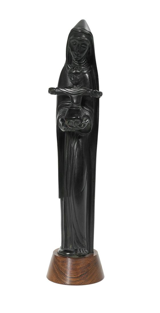 Jean Lambert-Rucki (Polish/France, 1888-1967): Jean Lambert-Rucki (Polish/France, 1888-1967) "Madonna and Child" patinated bronze cast signature along proper right side, on a carved wood presentation plinth. sculpture h. 15-7/8", w. 3-3/4", d. 3-3
