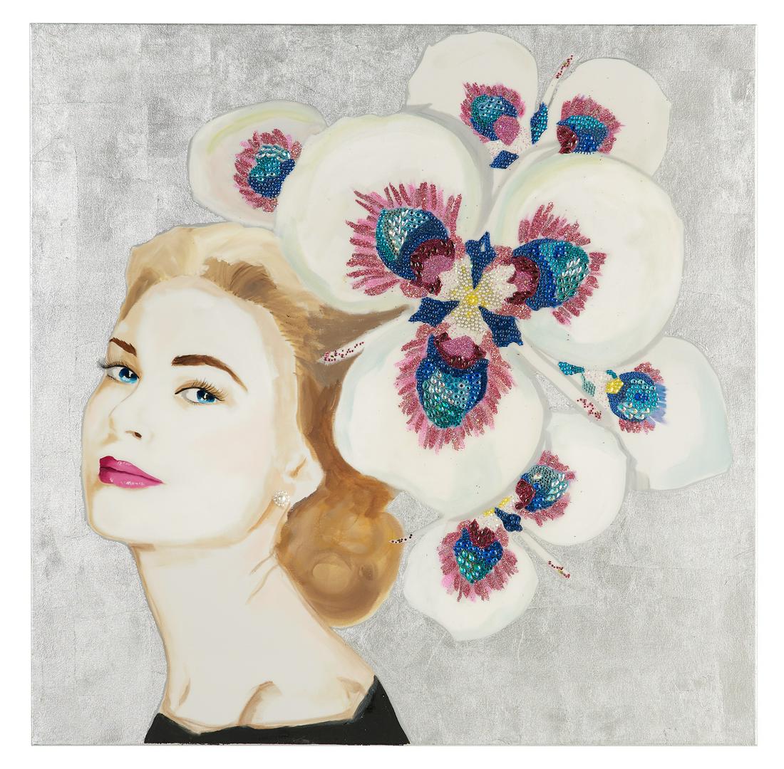 Ashley Longshore (US/Louisiana, Contemporary): Ashley Longshore (American/Louisiana, Contemporary) "Grace Kelly" mixed media on gallery wrapped canvas signed on left edge. 48" x 48"