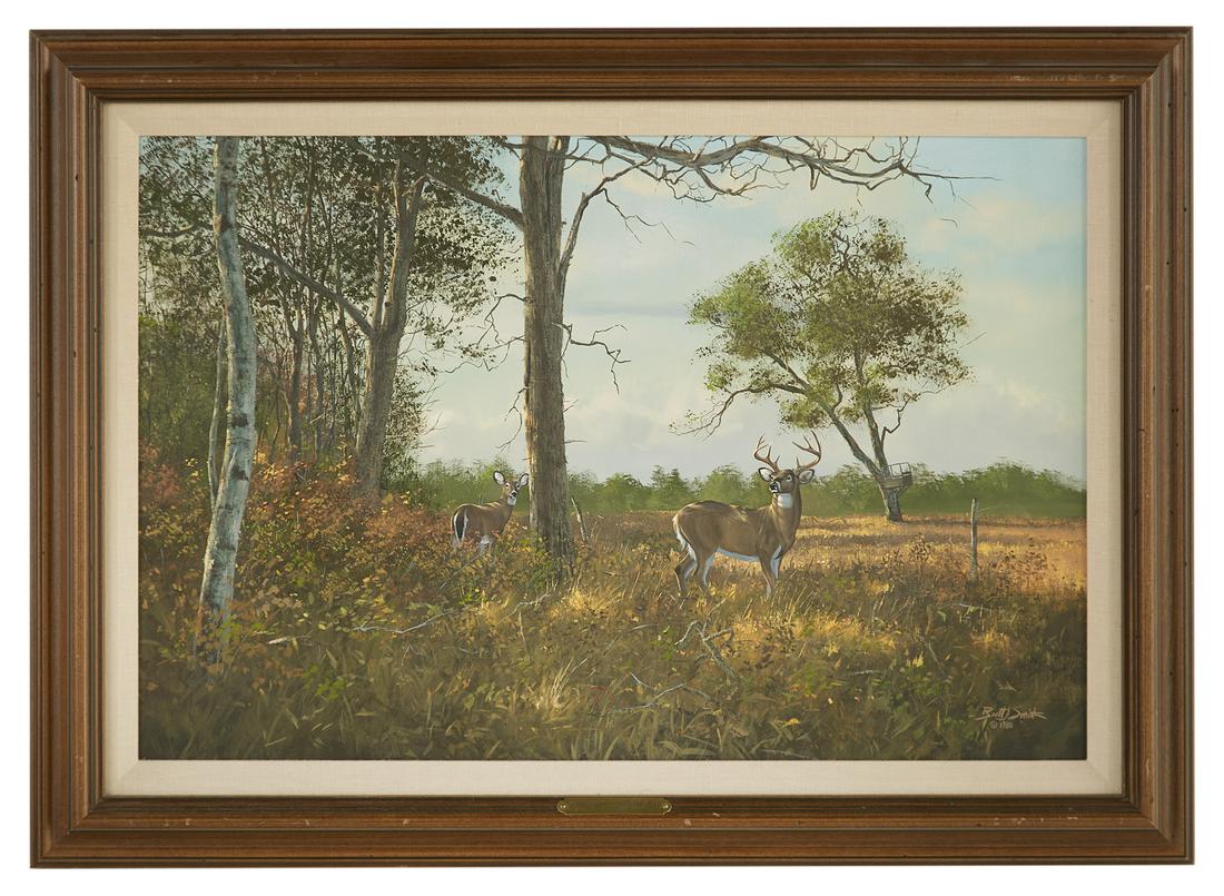 Brett James Smith (American/Louisiana, b. 1958): Brett James Smith (American/Louisiana, b. 1958) "In the Clear - Whitehead Deer", 1988 oil on canvas board signed, dated and copyright-marked lower right . Framed. 20" x 30", framed 26" x 36"