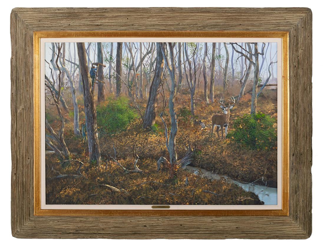 Brett James Smith (American/Louisiana, b. 1958): Brett James Smith (American/Louisiana, b. 1958) "Bad Timing", 1988 oil on canvas board signed, dated and copyright-marked lower right. Framed. 22" x 31-1/4", framed 31-1/4" x 40"