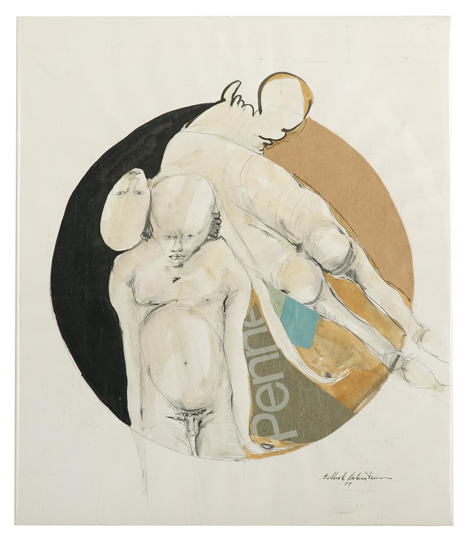 Gilberto A. Tarin, (American/Texas,20th Century): Gilberto Antonio Tarin (American/Texas, 20th Century) "Penne", 1974 pen, ink, gouache and collage on paper titled in painting, signed and dated lower right. Backed by board and wrapped with Mylar plas