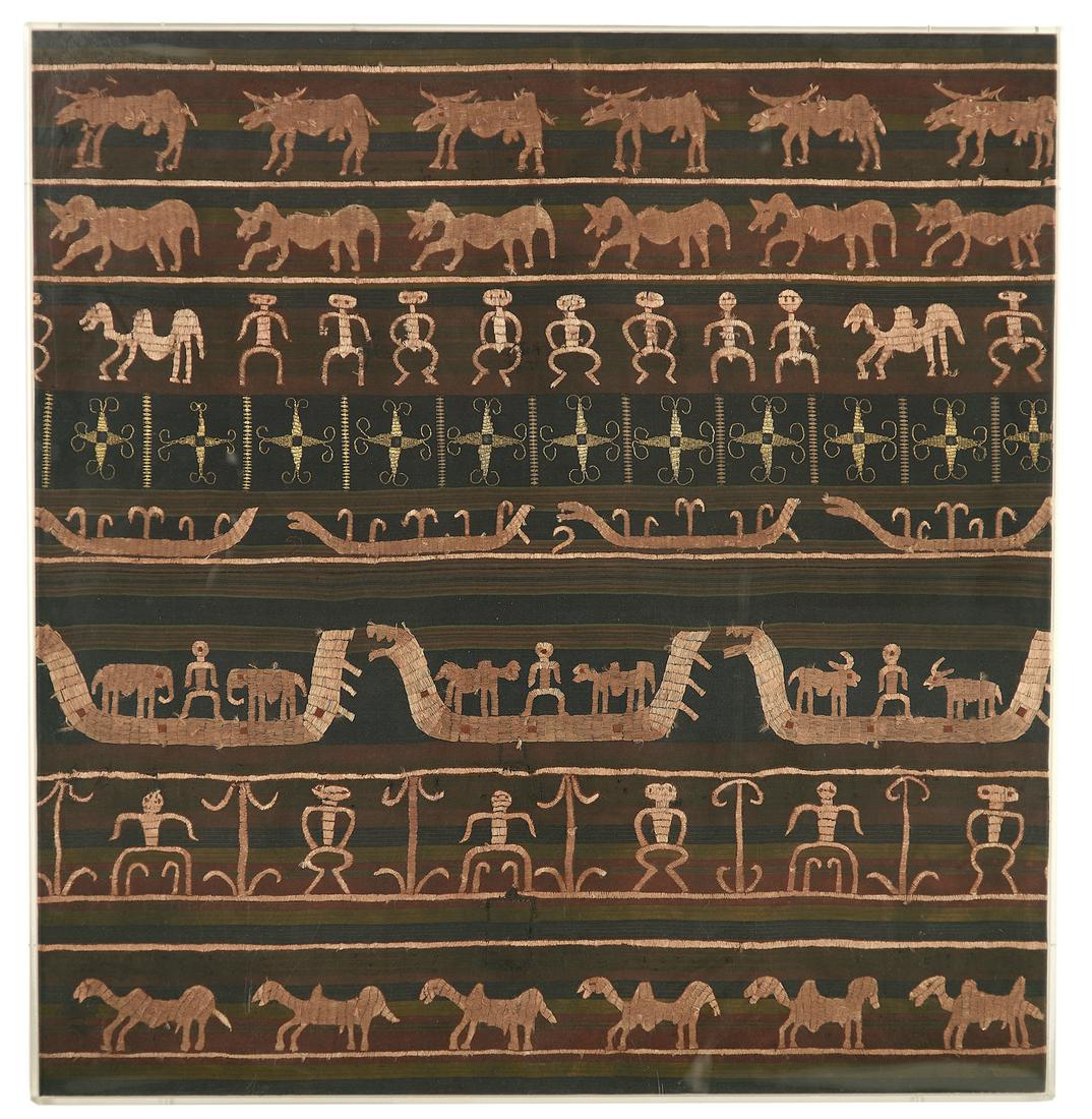 Embroidery of Indigenous Motifs: Embroidery of Indigenous Motifs first or second quarter 20th century, cotton/silk and metallic threads on a dark fabric ground, with bands of animals, figures, boats and geometric designs. Encased in 