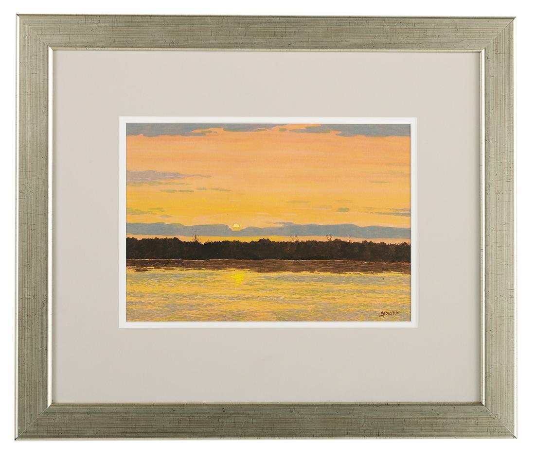 Rolland Harve Golden, (American, 1931-2019): Rolland Harve Golden (American/Louisiana, 1931-2019) "River of Dreams", 2009 watercolor on paper signed lower right, signed, titled and dated in pen en verso. Matted, glazed and framed. sight 9" x 13"