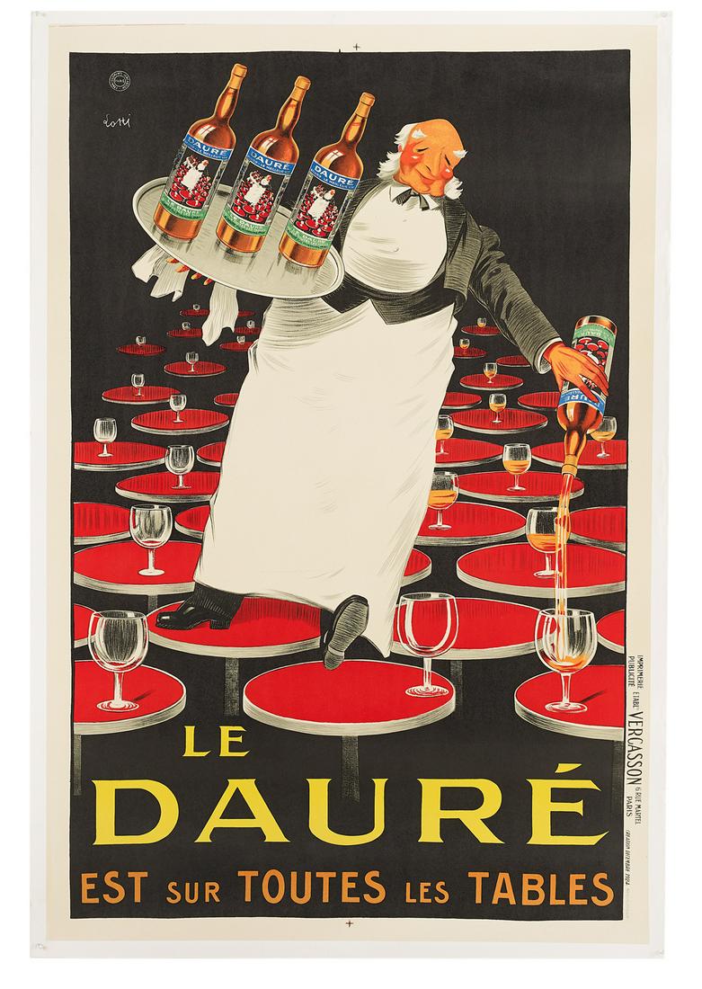 Le Daure Wine Advertising Poster: "Le Daure" Wine Advertising Poster lithograph on paper backed in linen, design by Benedetto (Betto) Lotti (Italian, 1894-1977), printed by Vercasson Paris, signed in plate and with printer's mark at u