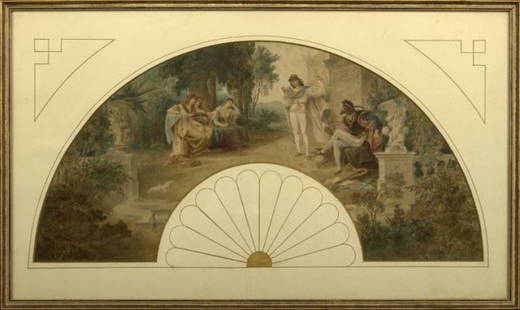 Italian School (Third Quarter 19th Century): Italian Academic School (Third Quarter 19th Century), a good watercolor and gouache design for a fan featuring a 16th-century Troubadour entertaining a noble family outside their palatial residence,