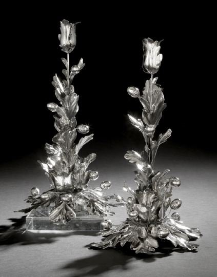 Pair of Portuguese-Italian Silver Candlesticks: Dramatic Pair of Portuguese-Italian .835 Silver Candlesticks, fourth quarter 20th century, designed by David Rosas, Porto, manufactured by Fratelli Lisi e Figli, Florence, each in the form a stylized 