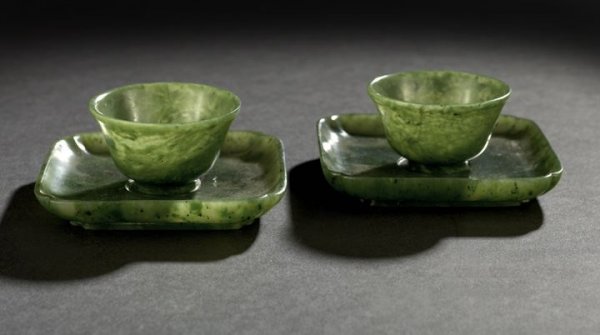 Pair of Chinese Jade Wine Cups and Saucers