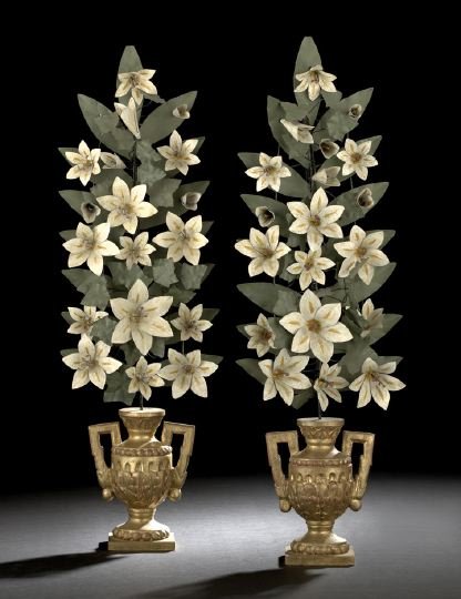 Pair of Italian Giltwood Floral Garniture Urns: Pair of Italian Giltwood Floral Garniture Urns, 20th century, each in the form of a foliate-carved campana-form urn with squared handles, each issuing a large spray of painted tole lilies and their fo