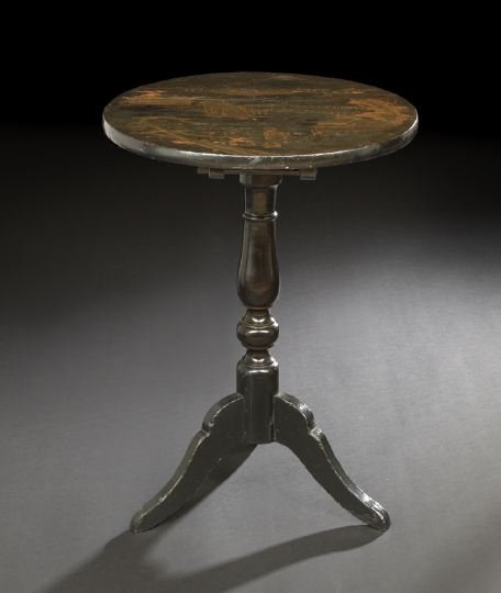 Victorian Black-Lacquered Tripod Table: Victorian Black-Lacquered Tripod Table, third quarter 19th century, the tilting circular top with a polychromed and gilt landscape in the chinoiserie manner, raised on a baluster-form standard to thre