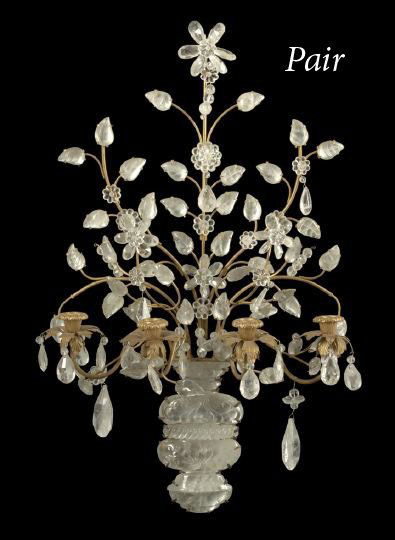 Large Pair of French Four-Light Appliques: Large Pair of French Four-Light Appliques, the matte-gilded wrought-iron, carved rock crystal and silver-leaf appliques in the Louis XVI style of Bagues, Paris, the gilded candlesockets modeled as ros