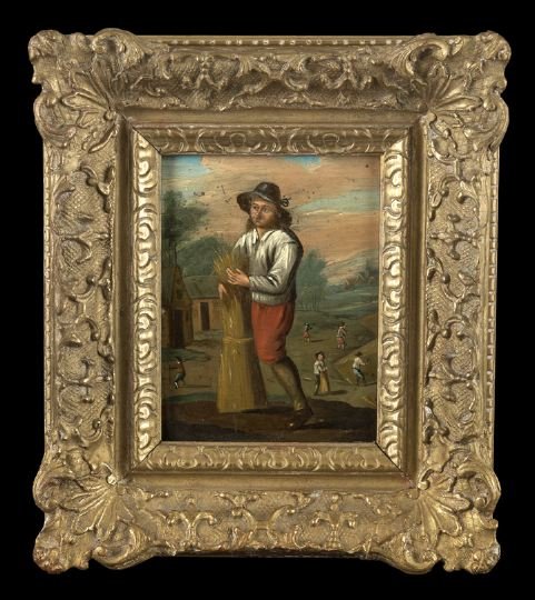 Continental School (Late 19th Century): Continental School (Late 19th Century) "Peasant Man Gathering Wheat", oil on tin, unsigned, 7" x 5-1/2". Presented in a molded giltwood frame.