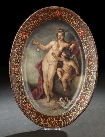 French Polychromed Papier-Mache Cabinet Tray: French Polychromed Papier-Mache Cabinet Tray, fourth quarter 19th century, of oval form and featuring "Cupid and Psyche", signed at the base "Thysman", the burgundy border floral gilded, w. 8-3/4", l.