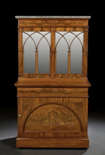 Biedermeier Mahogany Secretary: Biedermeier Mahogany Secretary, first quarter 19th century, the rectangular variegated gray marble top above two cupboard doors each inset with mirrored panels with Gothic-arch astragal overlays, the 