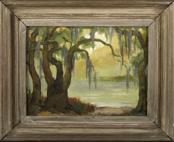 Marie Atkinson Hull (American, 1890-1980): Marie Atkinson Hull (American/Mississippi, 1890-1980) "Moss Hung Oaks, Biloxi", oil on canvas board, signed lower right "M. Hull", titled and inscribed en verso "Moss Hung Oaks, Biloxi, Marie A. Hull,