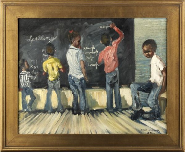 Dixie Hampson Durham (American/Arkansas, b. 1913): Dixie Hampson Durham (American/Arkansas, b. 1913) "Spelling Class", 1976, oil on canvas, signed and dated lower right "Dixie Durham 1976", 22" x 28". Handsomely framed.