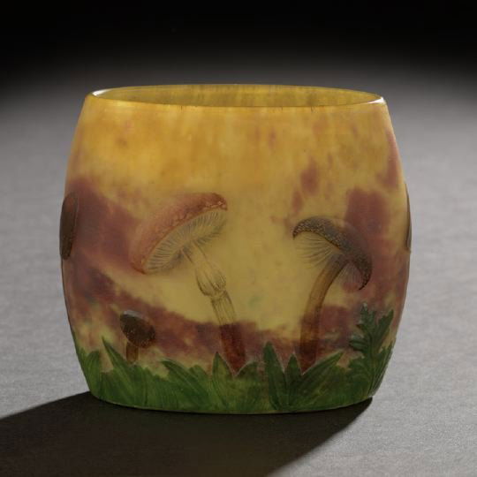 Good Daum, Nancy, Cameo-Cut Pillow Form Vase: Good Daum, Nancy, Cameo-Cut Pillow Form Vase, ca.1900, in "Mushrooms" decor with a mottled background, signed on the base in black enamel "Daum/Cross of Lorraine/Nancy", h. 5".