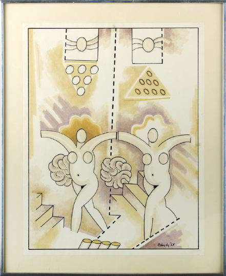 Robert Gordy (American/Louisiana, 1933-1986): Robert Gordy (American/Louisiana, 1933-1986) "Female Figures on a Stairway", 1968, colored marker drawing on paper, signed and dated lower right "R Gordy '68", sheet size 22" x 17". Glazed, matted and