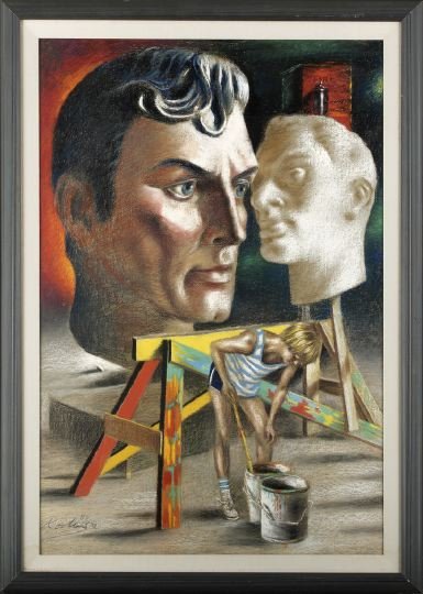Noel Rockmore (American/New Orleans, 1928-1995): Noel Rockmore (American/New Orleans, 1928-1995) "Superman", 1987, pastel on board, signed and dated lower left "Rockmore '87", sight 37-1/2" x 25". Glazed, matted and presented in an ebonized wooden f
