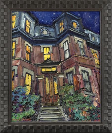 James Michalopoulos (American, b. 1951): James Michalopoulos (American/New Orleans, b. 1951) "Articula", 2000, oil on canvas, signed lower left "Michalopoulos", titled, dated and signed on canvas verso, 28" x 22". Presented in an ebonized wo