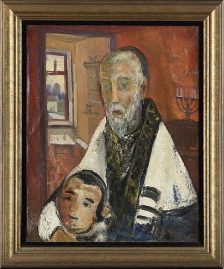 Frederick B. Serger (Czech, 1889-1965): Frederick B. Serger (Czechoslovakian/American, 1889-1965) "Rabbi and Child", oil on canvas, signed lower right "Serger", inscribed on canvas verso "Melamet", 20" x 16". Handsomely framed. Provenance: