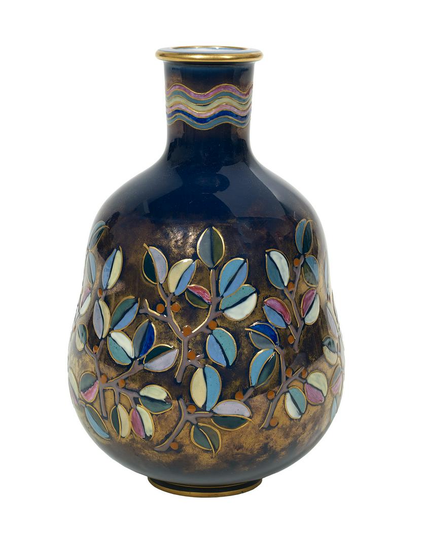 Rare Mid-Century Modern Porcelain Vase: Rare Mid-Century Modern Porcelain Vase by Marcel Prunier, Sevres ca. 1958, France, the bottle-form vase decorated with raised leaves, branches and fruit against a mist of gilt on a cobalt ground, sign