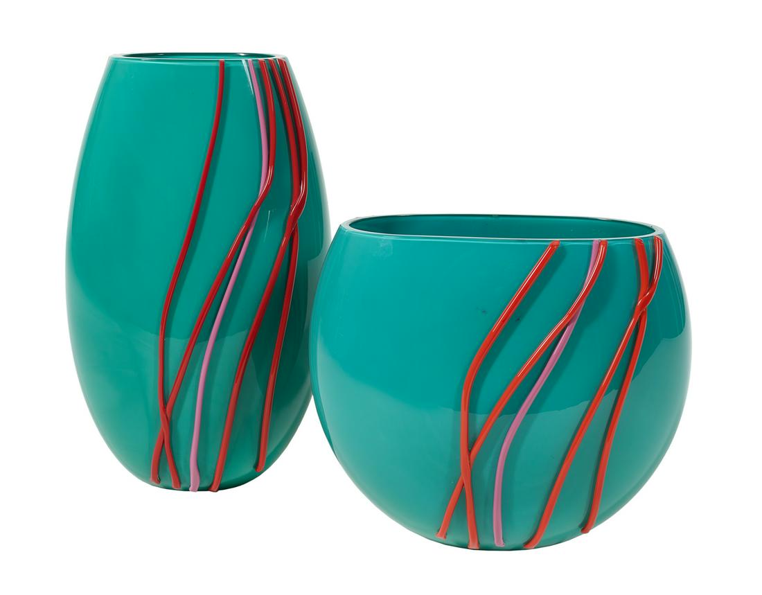 Pair of Versace-Designed Venini Glass Vases: Pair of Gianni Versace-Designed Murano Venini Glass Vases "Rave" and "Funky", 2000, part of the "Collezione VVV", each with teal body and applied red and pink rods, each incised "Versace Venini/1999"
