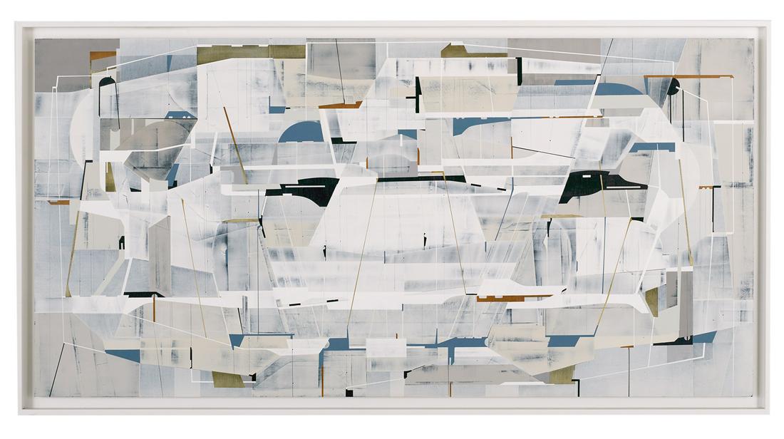 James Kennedy (Irish/American, b. 1962): James Kennedy (Irish/American, b. 1962) "Hyperplane", 2015 acrylic and polymer on incised masonite signed and dated en verso, a "Callan Contemporary, New Orleans, LA" label en verso. Framed. 30" x 60"