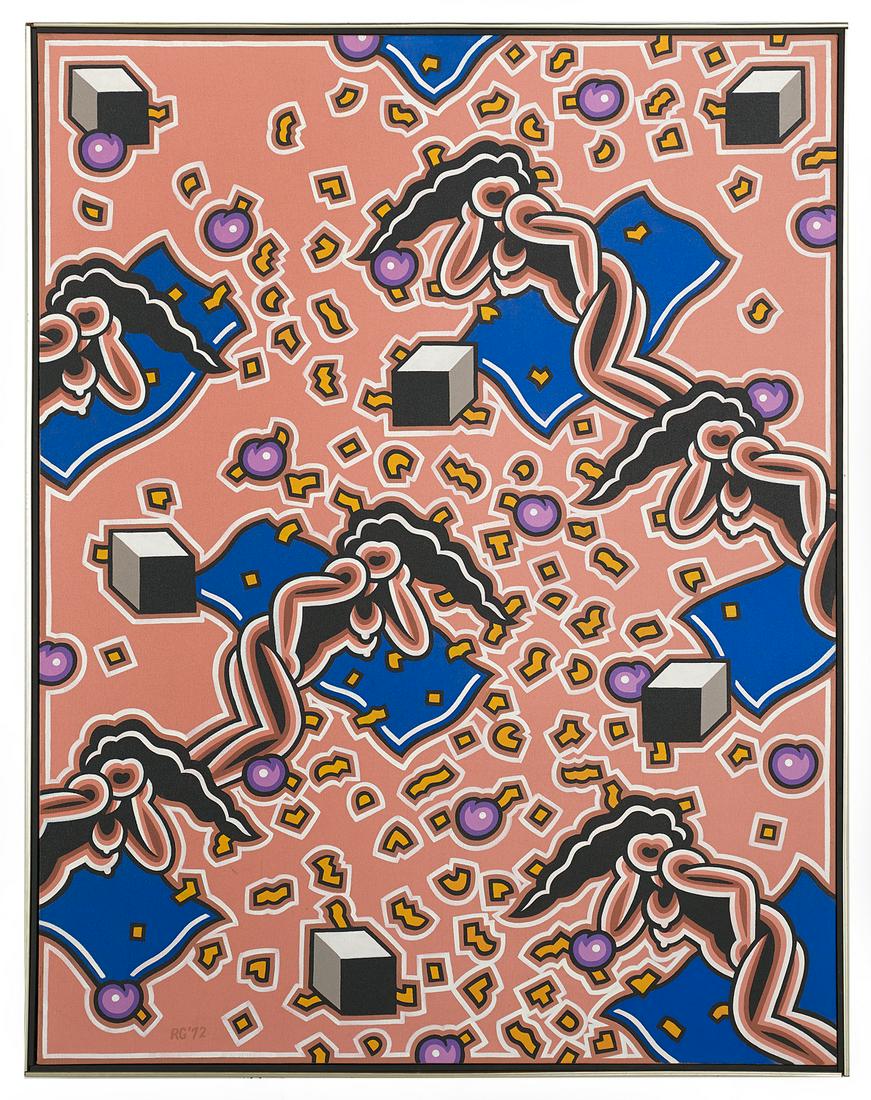 Robert Gordy (American/Louisiana, 1933-1986): Robert Gordy (American/Louisiana, 1933-1986) "Arcady", 1972 acrylic on canvas initialed and dated lower left. In a thin gallery frame. 57-1/4" x 44", framed 58-1/2" x 45" Provenance: Private collectio