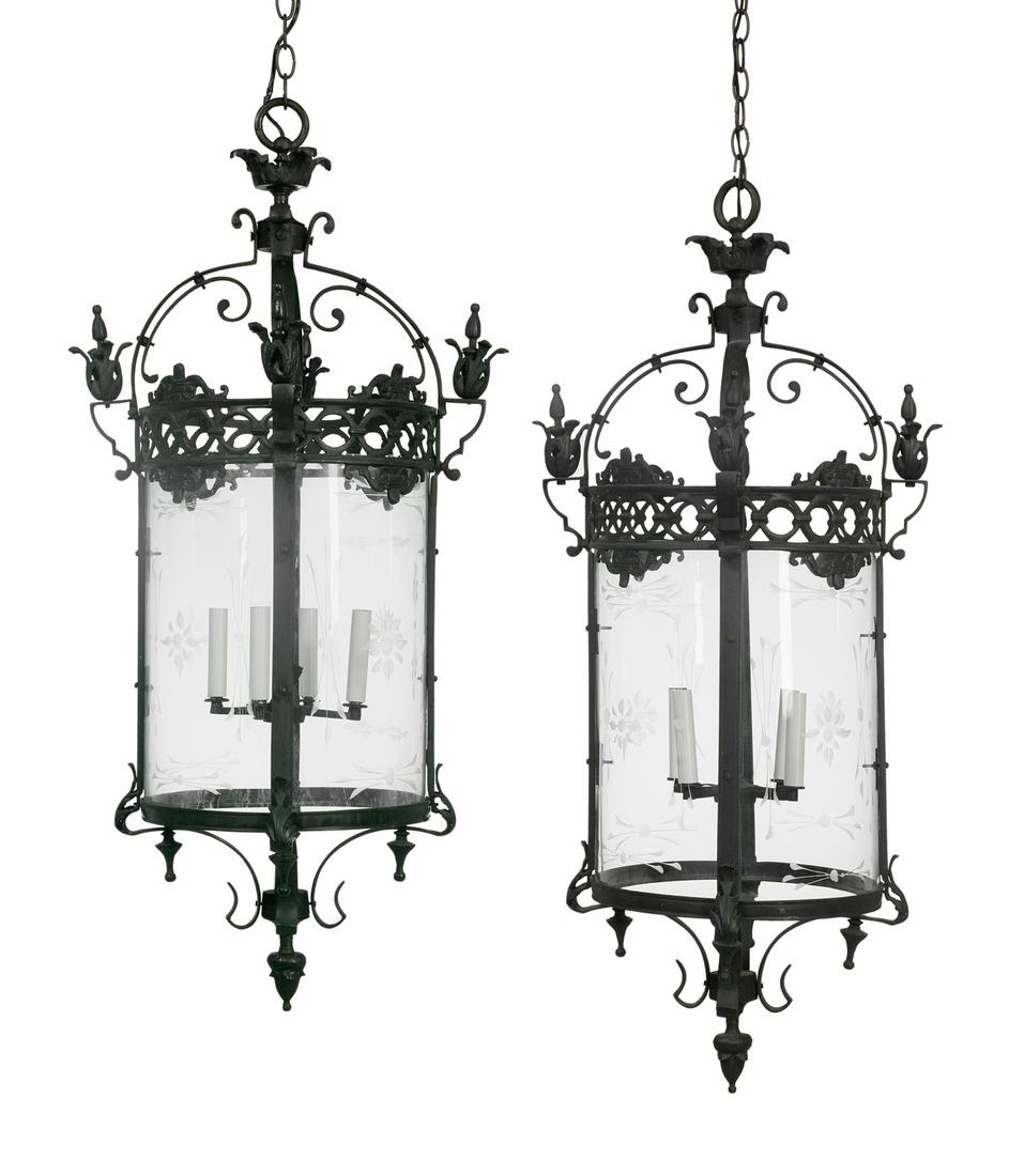Pair of Enameled Metal Hall Lanterns: Pair of Enameled Metal Hall Lanterns 21st century, the cylindrical four-light lanterns set with engraved glass panels, with ring-pierced trim and rococo crests, set with scrolled upper and lower suppo