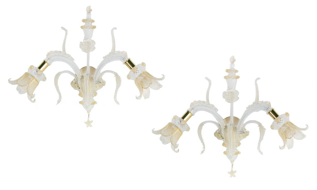 Pair of Italian Venetian Blown Glass Sconces: Pair of Italian Venetian Blown Glass Sconces composed of blown quilted glass decorated with gilt spangling, the brass backplates supporting tapered glass standards, set with pairs of candle arms termi