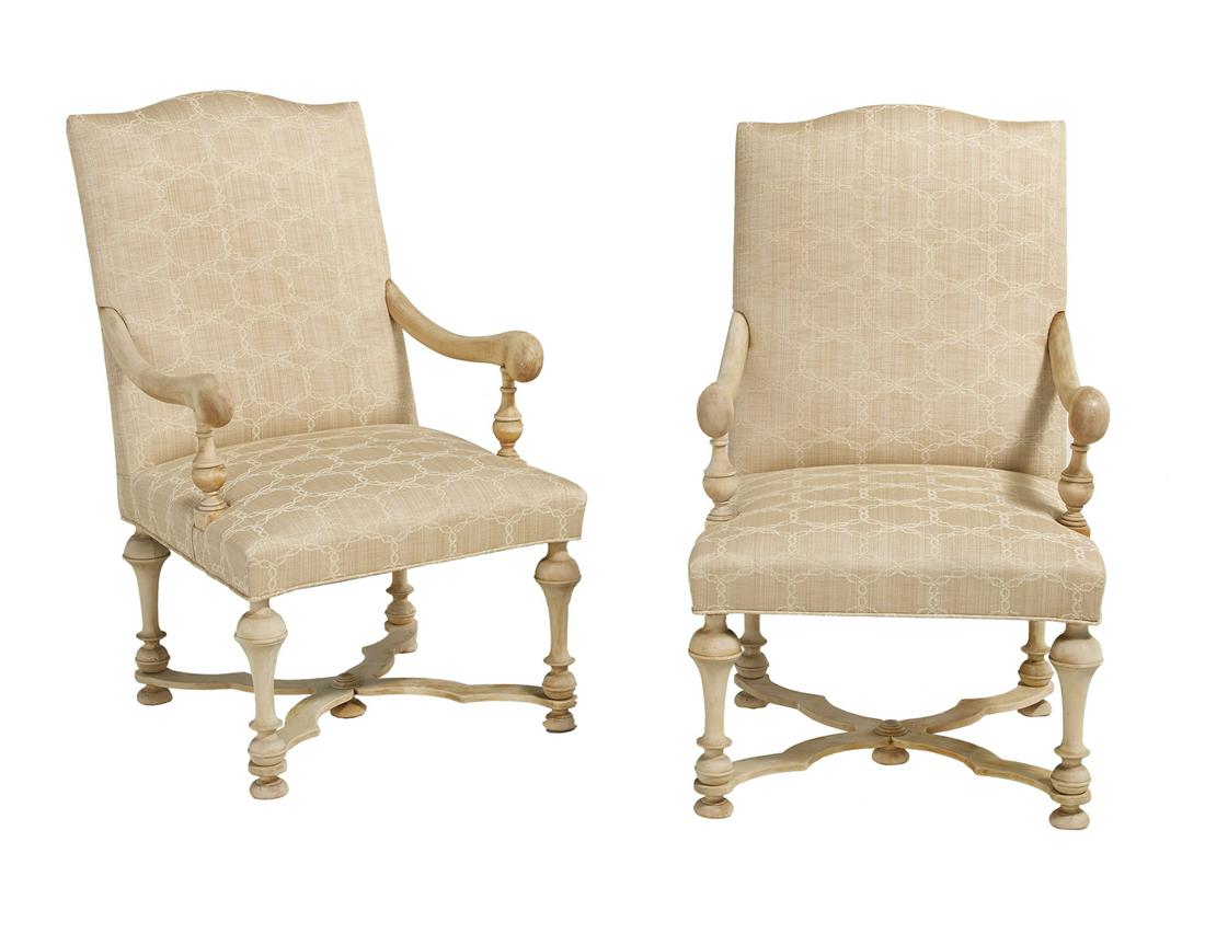 Pair of Louis XIV-Style Rubberwood Fauteuils: Pair of Louis XIV-Style Rubberwood Fauteuils each with open arms with scroll ends, raised on baluster-turned supports, on trumpet and ball-turned legs joined by a scalloped stretcher, upholstered in b