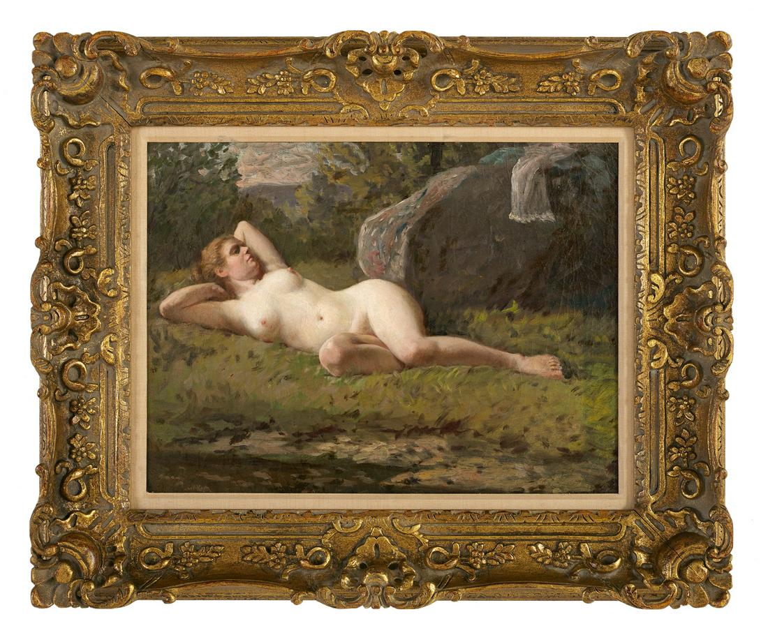 Attr. to Julius L. Stewart (US/French, 1855-1919): Attributed to Julius LeBlanc Stewart (American/French, 1855-1919) "Reclining Nude in Verdant Landscape" oil on canvas unsigned. Framed. 18" x 24", framed 28" x 34" Provenance: Private collection, Geor