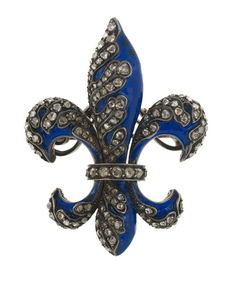 Antique Diamond and Enamel Fleur-de-Lis Brooch (1 of 2)