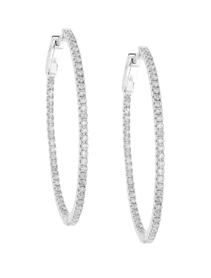 Pair of Diamond Hoop Earrings: Pair of Diamond Hoop Earrings 14k white gold, the inside/outside earrings mounted with round brilliant-cut diamonds weighing approximately 0.95 carats in total. l. 1-3/8", total weight 5.8 grams