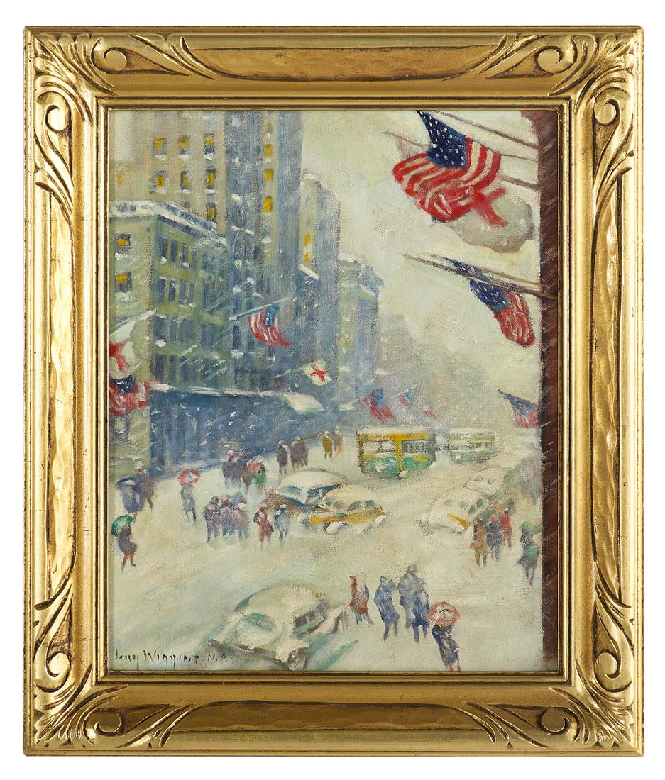 Guy Carleton Wiggins, N.A. (American, 1883-1962): Guy Carleton Wiggins, N.A. (American, 1883-1962) "5th Avenue at Wartime", 1940-1945 oil on canvas board signed lower left, titled and signed en verso. Framed. 20" x 16", framed 25-1/4" x 20-1/4" Prove