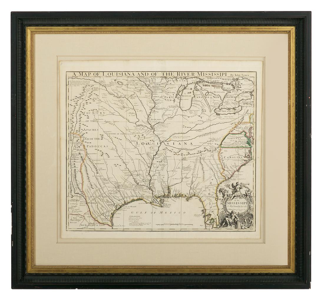 A Map of Louisiana and of the River Mississipi: "A Map of Louisiana and of the River Mississipi [sic]" by John Senex, copper-plate engraving with hand-coloring, published London, 1721. Matted, glazed and framed. 21" x 23-5/8", framed 32-5/8" x 34-1