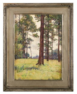 Ellsworth Woodward (US/New Orleans, 1861-1939): Ellsworth Woodward (American/New Orleans, 1861-1939) "Louisiana Landscape with Pine Trees" watercolor on paper signed lower left. Glazed and framed. sight 9" x 7", framed 12" x 9-3/4"