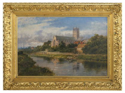 Robert Gallon (British, 1845-1925): Robert Gallon (British, 1845-1925) "Worcester Cathedral" oil on canvas signed lower left, based on a painting by Benjamin Williams Leader (1831-1923). Framed. 20" x 30", framed 29" x 39" Provenance: M