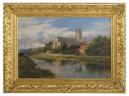 Robert Gallon (British, 1845-1925): Robert Gallon (British, 1845-1925) "Worcester Cathedral" oil on canvas signed lower left, based on a painting by Benjamin Williams Leader (1831-1923). Framed. 20" x 30", framed 29" x 39" Provenance: M