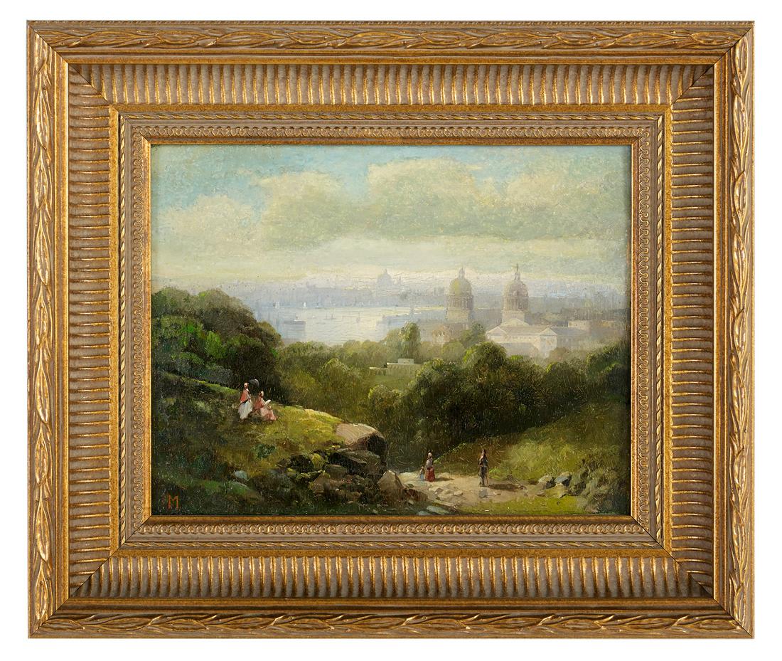 Andrew Melrose (American, 1836-1901): Andrew Melrose (American, 1836-1901) "The Overlook" oil on wood panel monogrammed "M" lower left. Framed. 8-1/2" x 10-3/4", framed 13-1/2" x 16" Provenance: James D. Julia, Inc., August 25-27, 2010, l