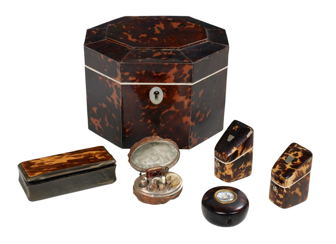 Tortoiseshell Boxes and a French Etui: Collection of Tortoiseshell Boxes and a French Etui 19th century, French and English, the collection including an exceptional walnut shell etui containing a perfume bottle, a funnel, scissors, tweezer