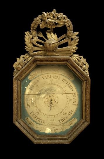 French Giltwood and Plaster Torcelli Barometer: French Carved Giltwood and Plaster Torcelli Barometer, second quarter 19th century, of large octagonal form in the neoclassical style, by A. Apollon of Pau and so signed, the tall cresting modeled as