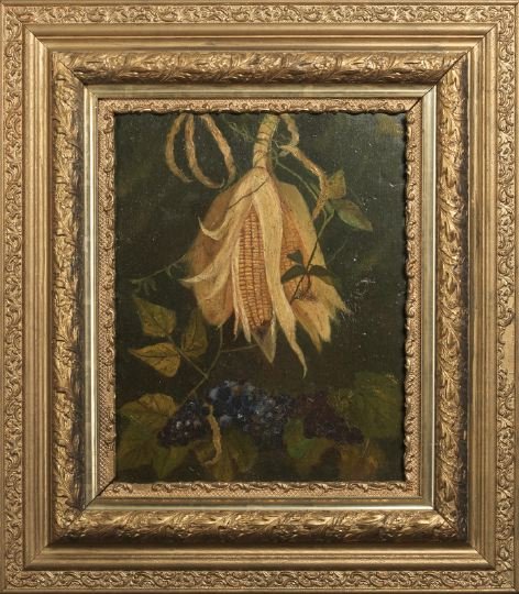 Continental School (Fourth Quarter 19th Century): Continental School (Fourth Quarter 19th Century) "Still Life with Hanging Corn and Grape Clusters", oil on panel, unsigned, 20-1/4" x 15-1/2". Presented in a carved giltwood frame with bands of scroll