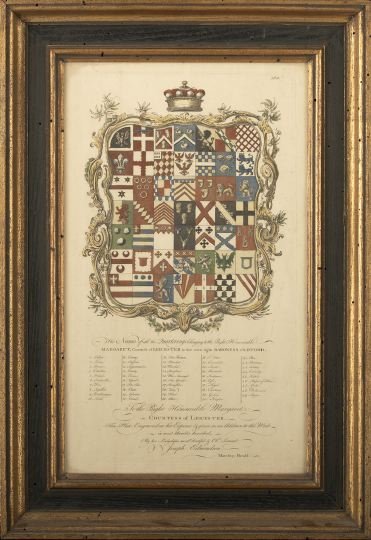 Arms of Margaret, Countess of Leicester: Arms of Margaret, Countess of Leicester and Baroness de Clifford, third quarter 18th century, a hand-colored engraving with extensive legend identifying the quarterings, sight 17-1/2" x 10-1/4", frame