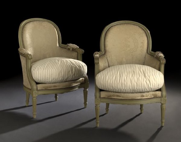 Pair of Louis XVI-Style Polychromed Bergeres: Pair of Louis XVI-Style Polychromed Bergeres, second quarter 20th century, the domed and padded back joined to the cushioned seat by scrolling padded arms, raised on fluted, tapering circular legs end