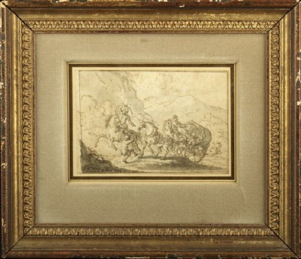 Johann Melchior Roos (German, 1659-1731): Johann Melchior Roos (German, 1659-1731), pen and ink wash on paper depicting a mountainside road with a pair of travelers with a horse and carriage under attack by a pair of riders on horseback armed