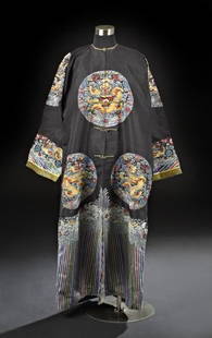 Men's Mandarin Summer Robe: Men's Mandarin Summer Robe, 20th century, the robe of black gauze weave with five rondels embroidered around five-toed golden-thread dragon loops, the border with traditional waves and symbols, made f